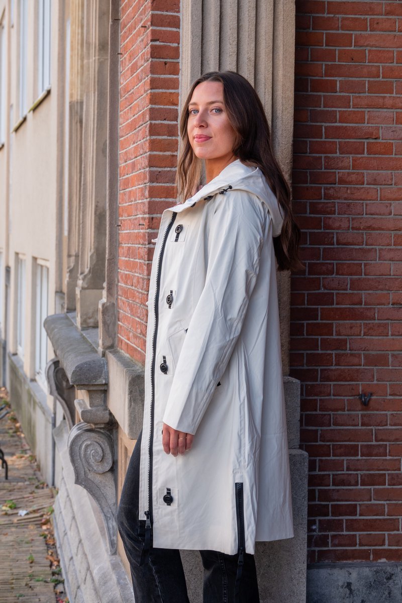 Long women's transitional jacket - Water-repellent & tailored - Ivory - Size M (38)