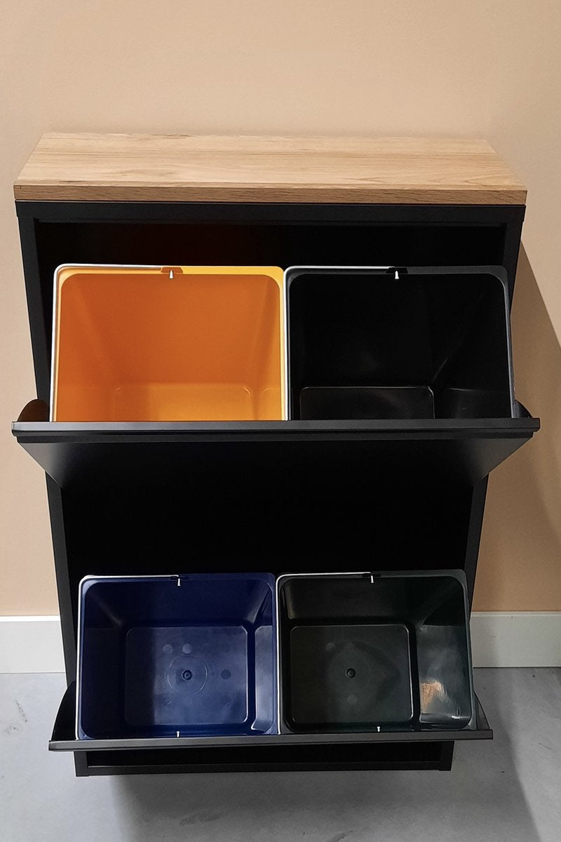 Waste bin - litter bin - refuse bin - waste separation with 4 inner bins and oak panel. Black