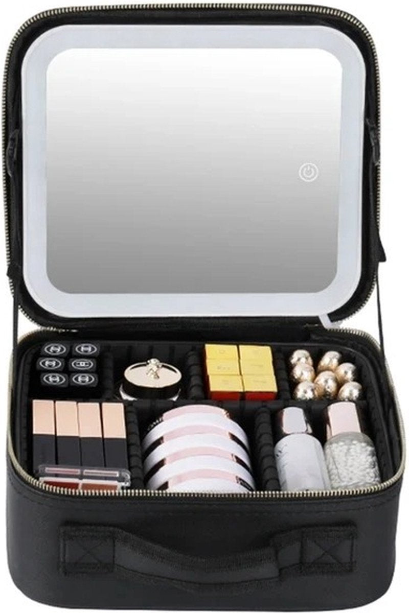 Make-upkoffer - Beautycase - Met verlichte LED-spiegel - Touchscreen - 23 x 26 x 15 cm - Opbergtas Make-up - Reistas - Zwart