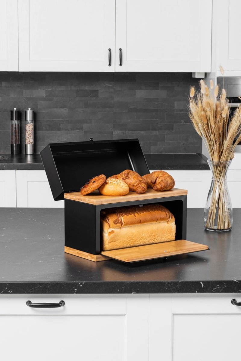 Design broodtrommel met twee vakken voor op het werkblad - bewaardoos voor vers brood van bamboe, 38 x 28 x 18 cm