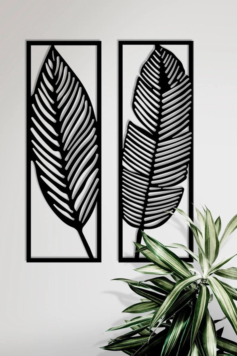 2 stuks XL bladeren moderne deco muurdecoratie - Wanddecoratie - Zwart - art - Muurdecoratie - Line art - Wall art - Bohemian - Wandborden - Woonkamer - 75x65cm