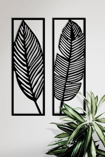 2 stucks XL bladeren modern deco muurdecoratie - Wanddecoratie - Zwart - art - Muurdecoratie - Line art - Wall art - Bohemian - Wandborden - Woonkamer - 75x65cm