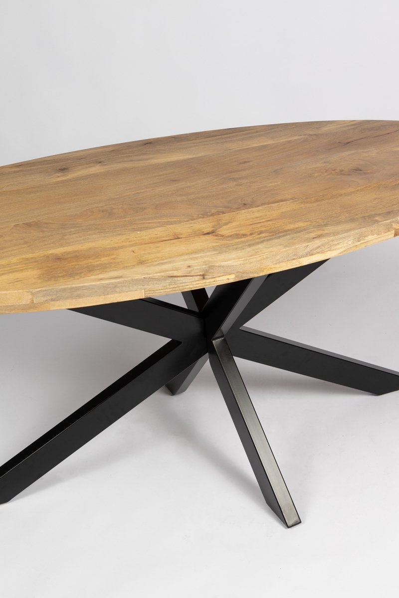 Eettafel ovaal 200cm mangohout zwarte matrixpoot van metaal - blad 4cm dik - 100cm breed