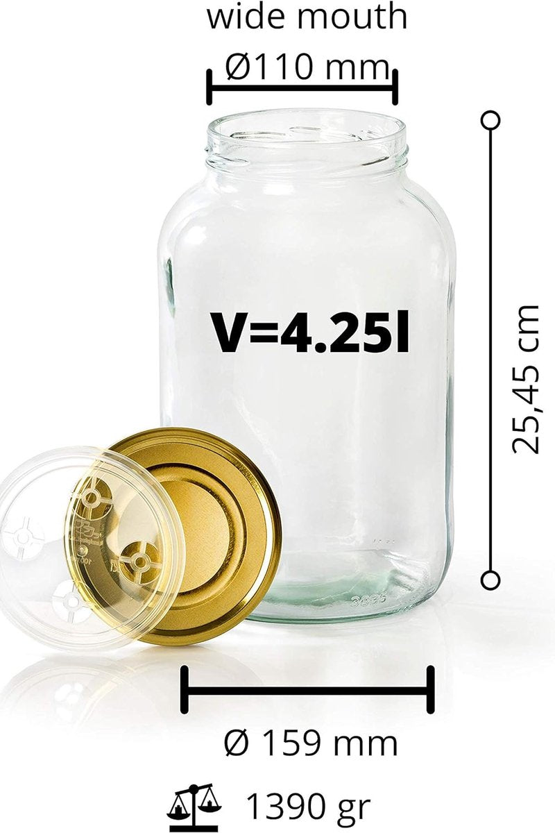 Pots with lid - 4.25 liter fermentation pot for making kombucha, kimchi, kefir - wide mouth jar for canning, fermentation - (2 GLASSES WITH 4.25 LITER)