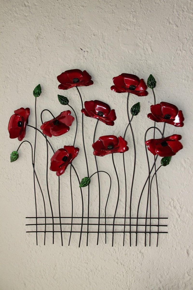 Tuindecoratie - wanddecoratie - muurdecoratie - metaal - bloemen - klaprozen - rood - groen - zwart - 60 x 56 cm