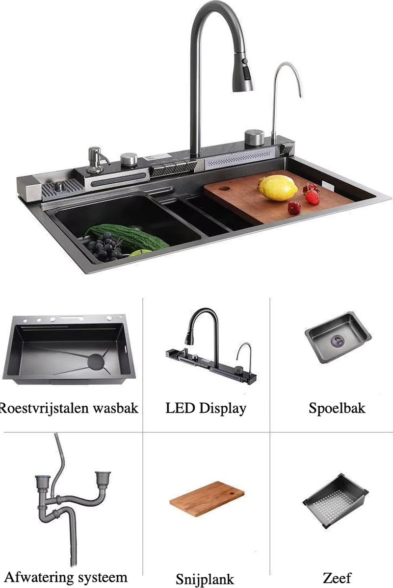 Multifunctional Sink - Kitchen sink - Multifunctional basin - Waterfall faucet - Including accessories - 75x45cm