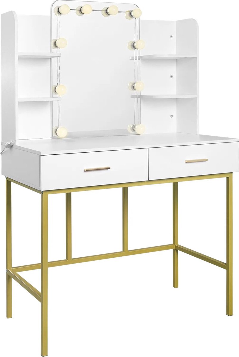 Make Up Tafel - Kaptafel Met Spiegel - Kaptafel met spiegel en verlichting - Slaapkamer Luxe - Wit/Goud