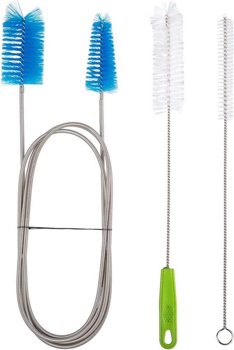 Flexible drain brush, 67-inch double ended, stainless steel, long pipe cleaner with 2 pieces 10-inch straw cleaning brushes for aquariums, hoses, glass pipe, shower sink, drain, kitchen, packaging