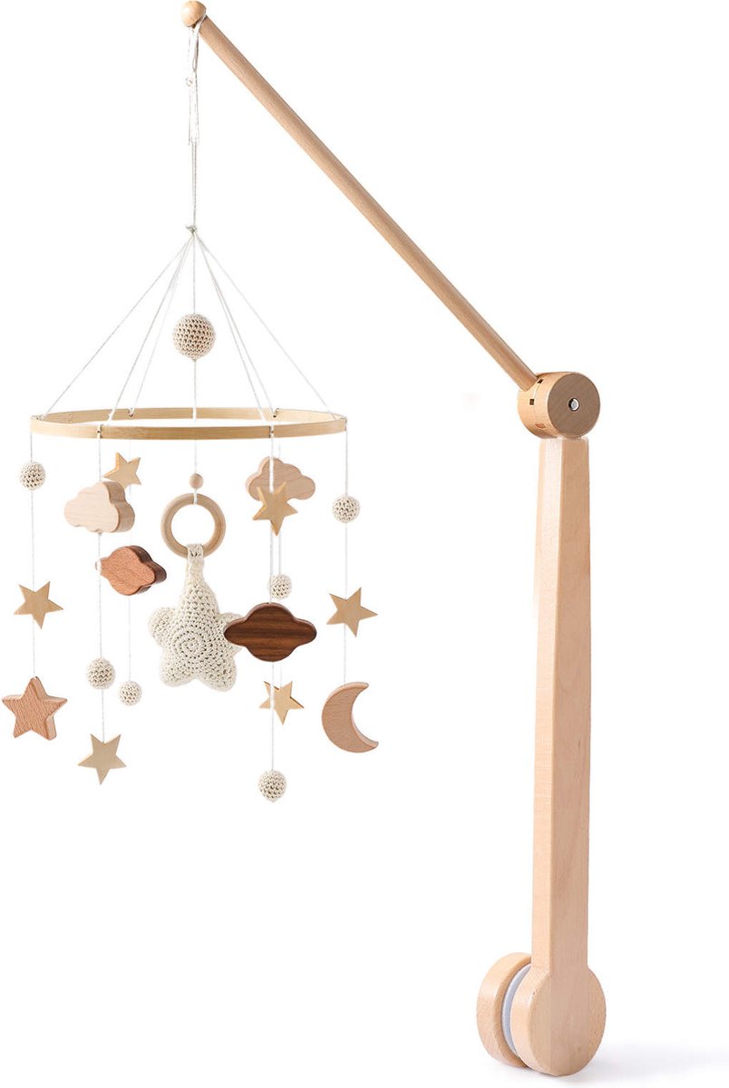 Baby Mobiel Sterren + Luxe 360° Verstelbare Houten Mobiel Houder - Boxmobiel – Babyshower Cadeau – Wieg Mobiel – Kraamcadeau