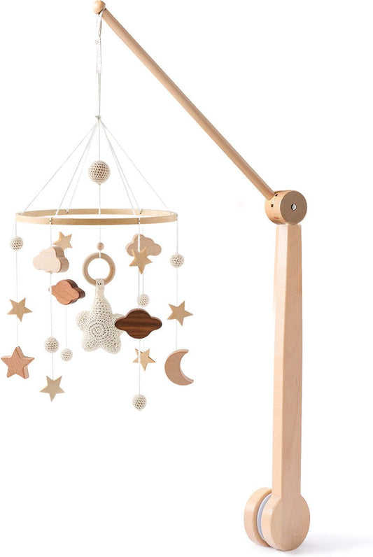 Baby Mobiel Sterren + Luxe 360° Verstelbare Houten Mobiel Houder - Boxmobiel – Babyshower Cadeau – Wieg Mobiel – Kraamcadeau