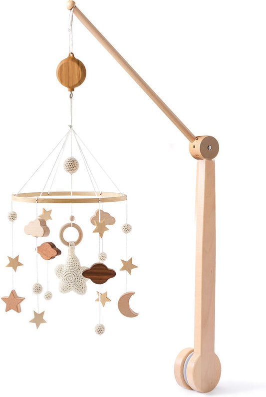 Boxmobiel Sterren + Luxe 360° Verstelbare Houten Mobielhouder + Muziekmobiel - Babymobiel – Babyshower Cadeau Baby Mobiel – Wieg Mobiel – Kraamcadeau