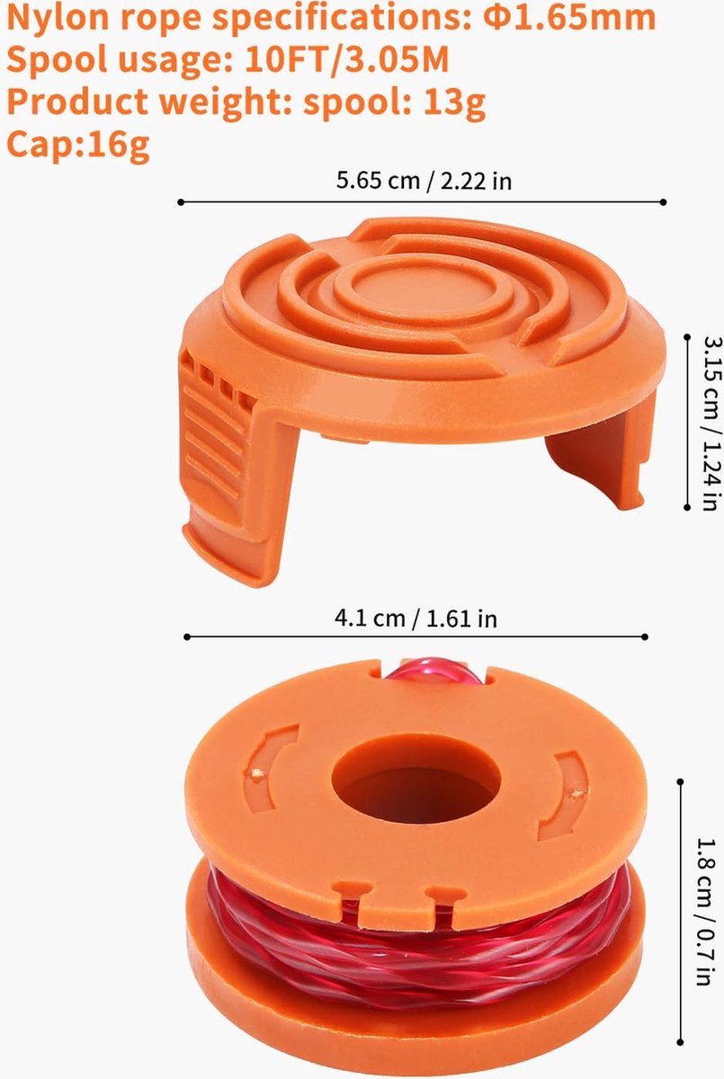 20 stuks grastrimmerspoel voor grastrimmer, trimmerdraadspoel voor grastrimmer, trimmerspoelmodel WA0010 WA0004 WA0004 WA0004.1, Ø 1,65 mm, 3 m lengte (16 reservespoelen + 4 doppen WA6531)