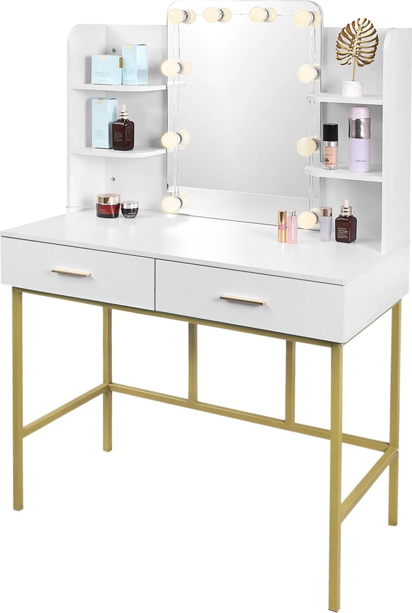 Make Up Tafel - Kaptafel Met Spiegel - Kaptafel met spiegel en verlichting - Slaapkamer Luxe - Wit/Goud