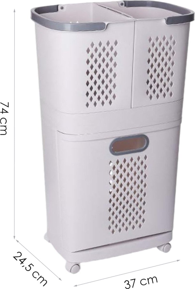Laundry Basket 3 Compartments - White - Laundry Basket with Wheels - Laundry Sorter with Three Compartments - Plastic Laundry Basket