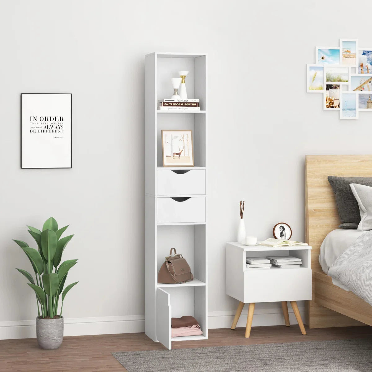 Luxe Opbergkast - Boekenkast - Smalle Kast - Opbergkast - Wandkast - 6 Planken - 2 Lades - Hout - Wit