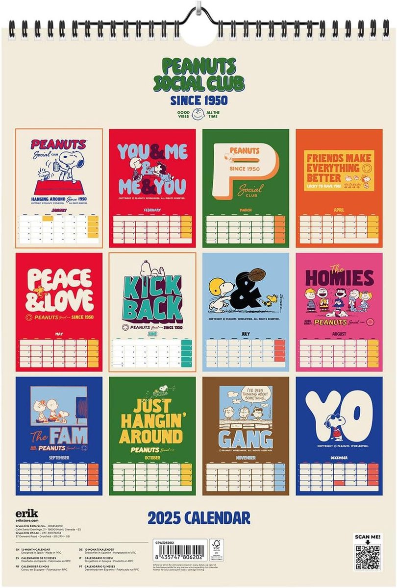 A3 Kalender 2025 Snoopy 12 maanden - Familiekalender voor aan de muur - 297x42 cm kalender 2025 maandkalender