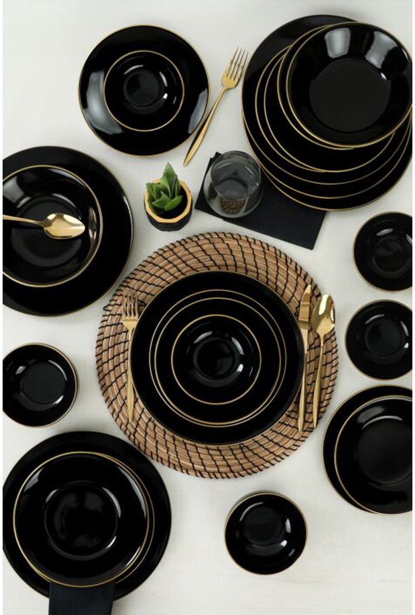 Asir Serviesset - Dinerset (24 Stuks). Zwart/Goud - Serveerbord: 26 cm (6 stuks) Bord: 18 cm (6 stuks) Neemt geen water op Antibacterieel Eenvoudig te reinigen Materiaal Bestand tegen thermische schokken Oppervlaktehardheid 100% KERAMISCH AARDEWERK