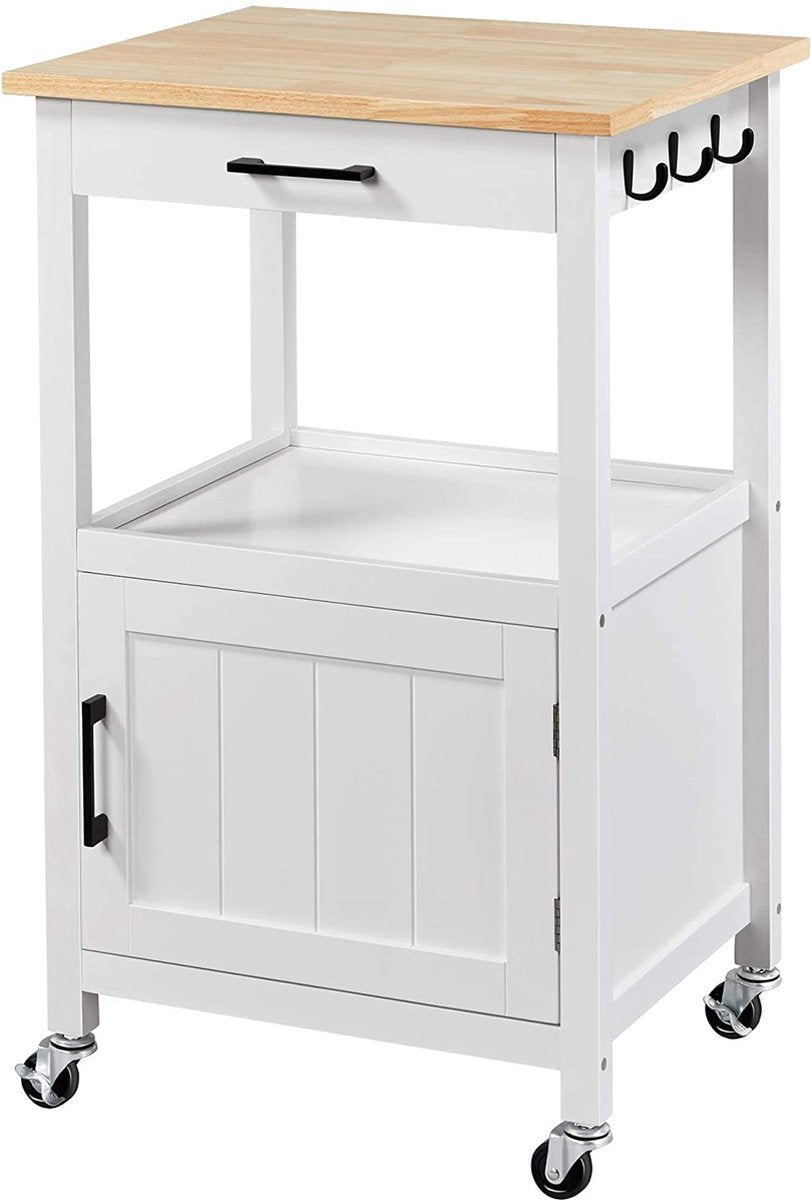 Kitchen cart on wheels, serving cart with cabinet and shelf, wooden worktop, rolling cart 55 x 45 x 89 cm, kitchen trolley in country style, white