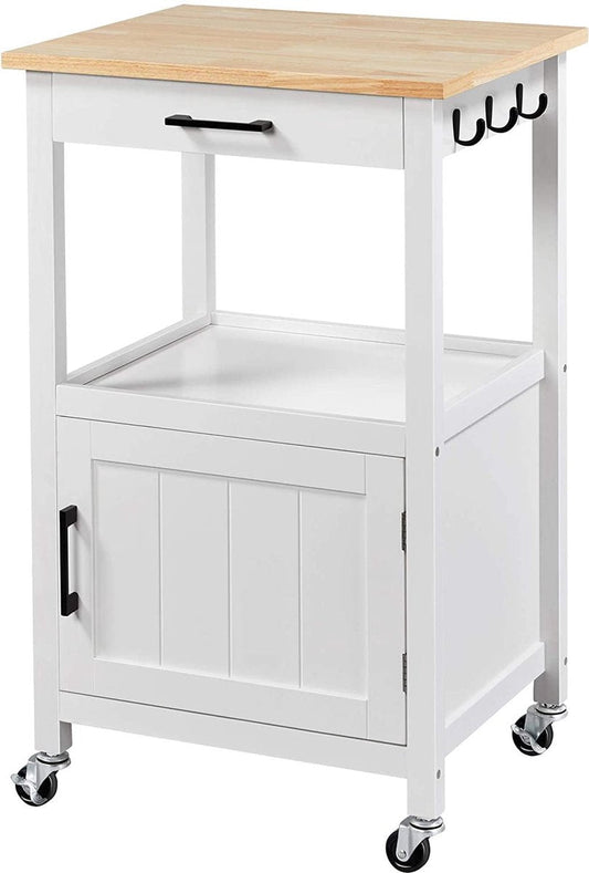 Kitchen cart on wheels, serving cart with cabinet and shelf, wooden worktop, rolling cart 55 x 45 x 89 cm, kitchen trolley in country style, white
