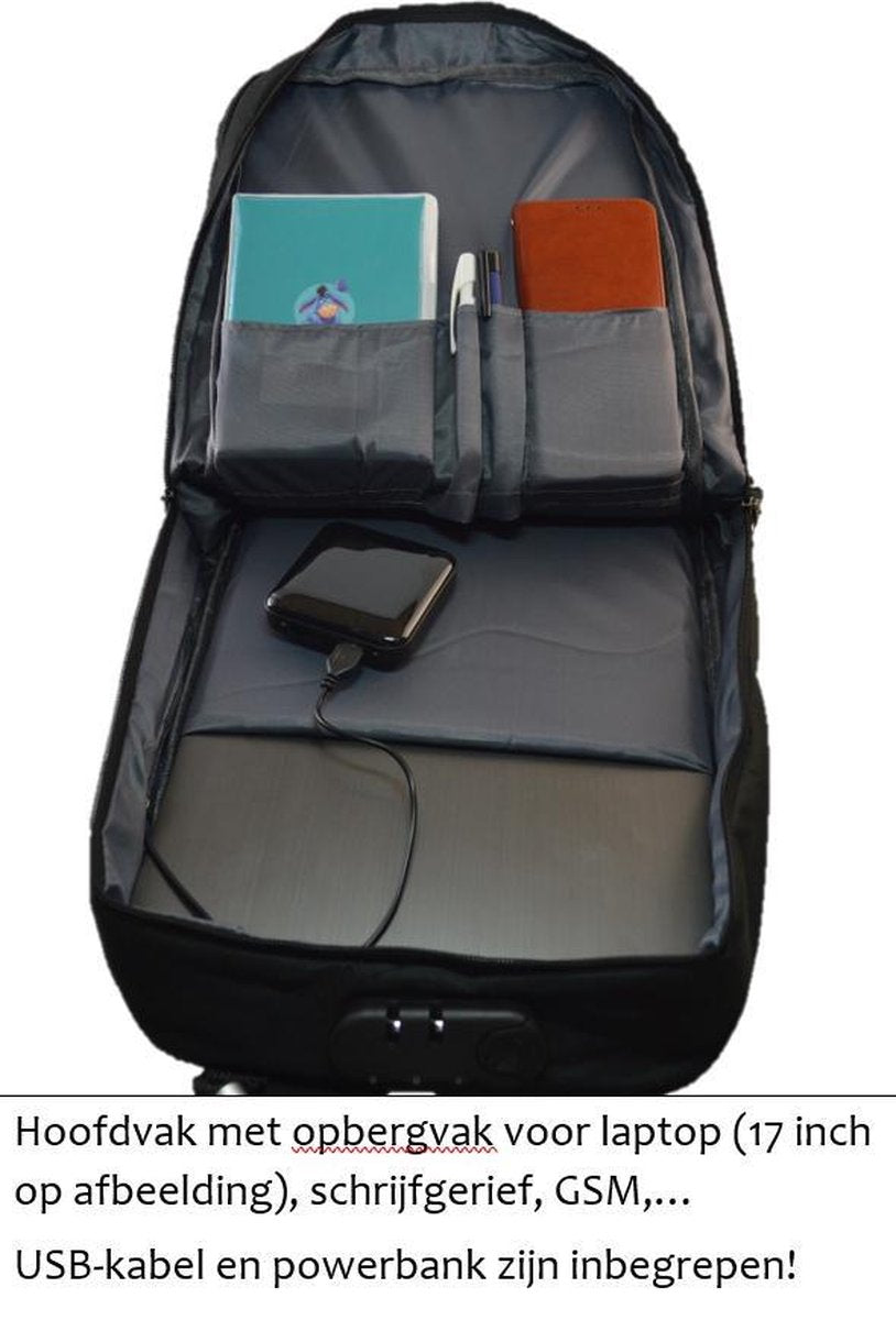 Anti-diefstal rugzak / 40x28x14cm (20l)/ laptop 15,6 inch / USB-oplaadpoort / zwart / powerbank (20mAh)
