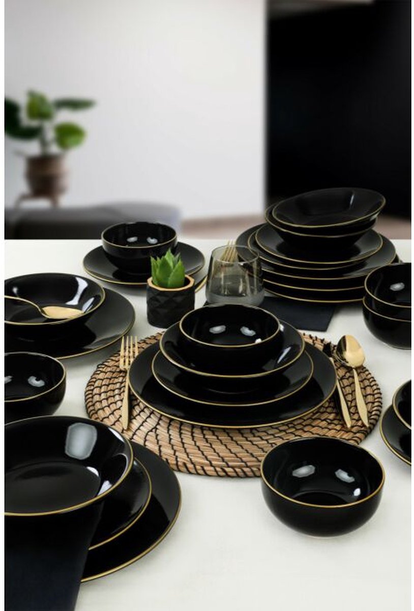 Asir Serviesset - Dinerset (24 Stuks). Zwart/Goud - Serveerbord: 26 cm (6 stuks) Bord: 18 cm (6 stuks) Neemt geen water op Antibacterieel Eenvoudig te reinigen Materiaal Bestand tegen thermische schokken Oppervlaktehardheid 100% KERAMISCH AARDEWERK