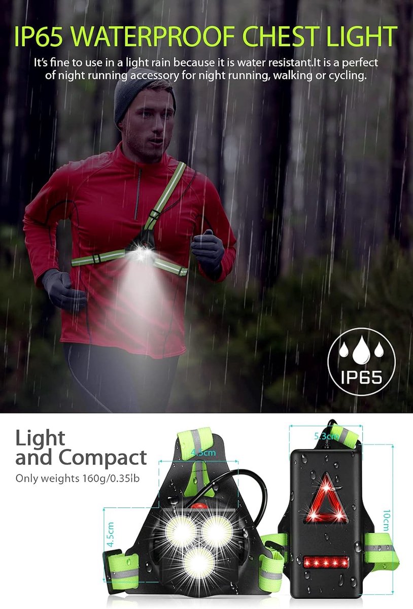 Running lights - Chest lamp - Chest lamp running - Chest lamp walker - USB rechargeable - Running vest - IP65 waterproof