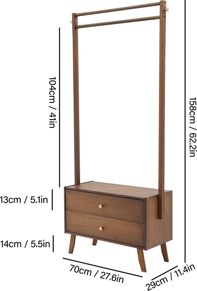 Decotopia - Kapstok - Garderobe - Rek - Met Lades - Kledingrek - Jassenhanger - 70 cm - Bruin