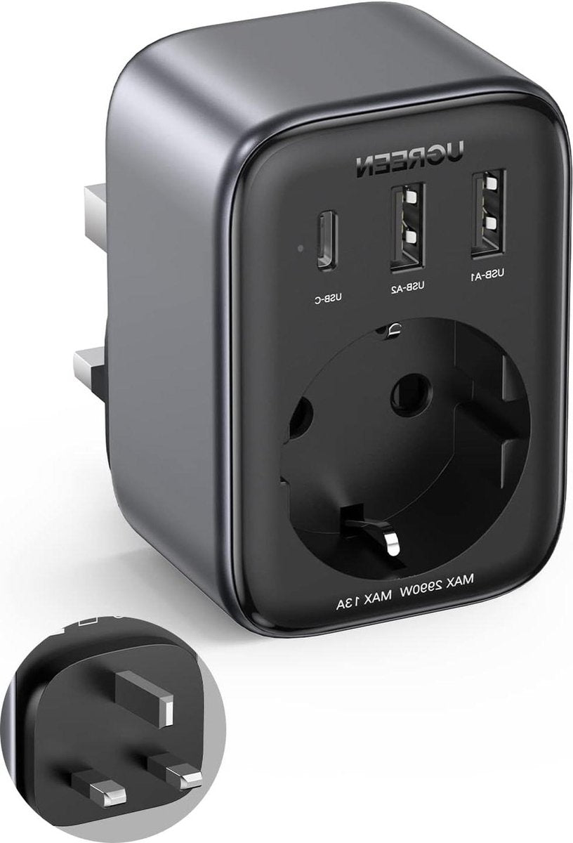 Reisadapter VK 30W Adapter Engeland Duitsland Stekker met 2 USB, 1 USB C en 1 Type G aansluiting 4-in-1 Reisstekker GaN voor Groot-Brittannië, Ierland, Schotland, Dubai, Malediven, Maleisië - UGREEN