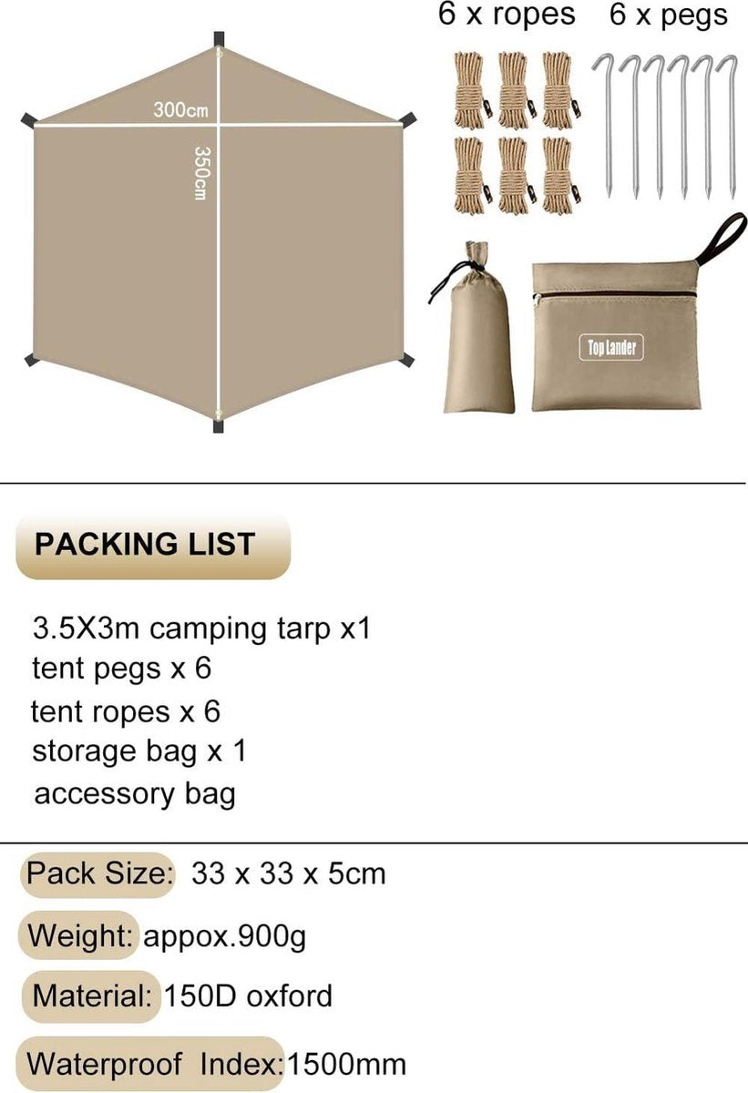 Camping Tarp Waterdicht Tentzeil - Multifunctioneel Luifel Canvas voor Hangmat Bushcraft Auto Backpacken Outdoor Survival Tarp tent