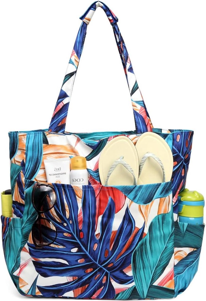 Waterdichte Zanddichte Strandtas voor Dames - Grote Zwemtas - Stijlvolle Ritssluiting - Sportschool Reizen Winkelen School - Palmblad Tote bag met ritssluiting