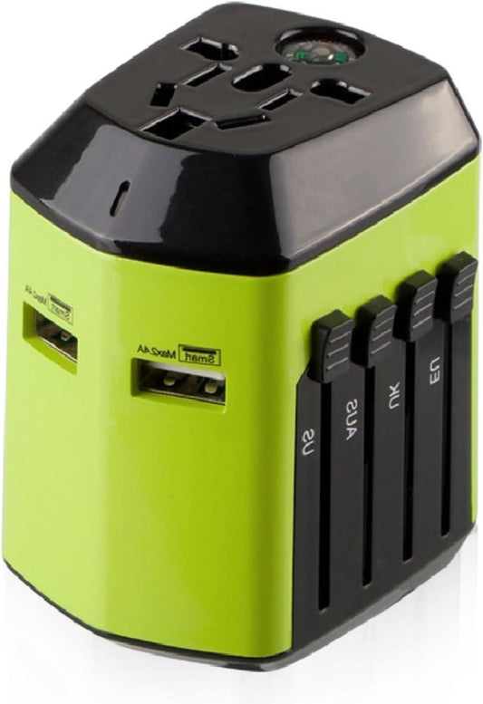 Universal travel adapter with 2 USB ports - UK EU US AU - 180 countries - all-in-one plug adapter - green