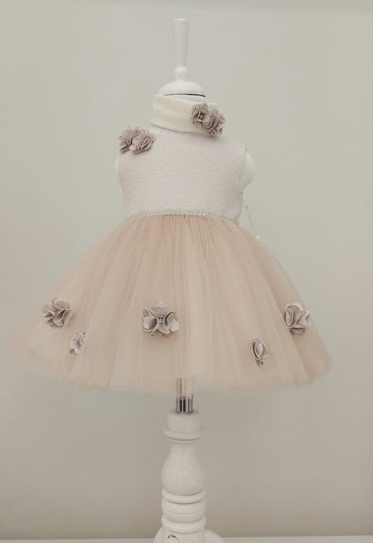 luxe feestjurk met haarband - moderne jurk voor meisjes - baby's - galajurk - vintage jurk - effen feestjurk - tutu rok - bruiloft - fotoshoot - verjaardag - doopsel - steentjes - bloemen - licht lila kleur - katoen - 6 t/m 9 maanden maat 68-74