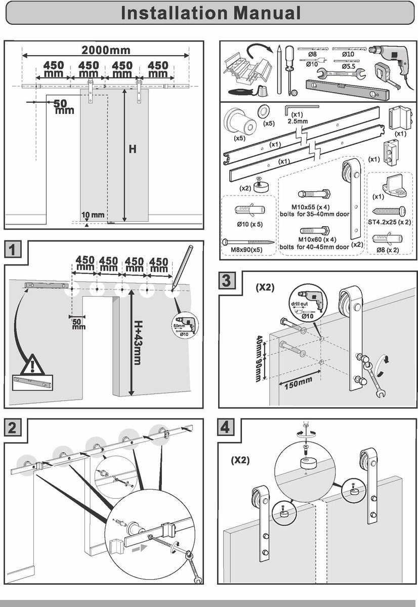 Sliding Door System Straight - Complete set - 200 cm rail (2x100 cm) - Black