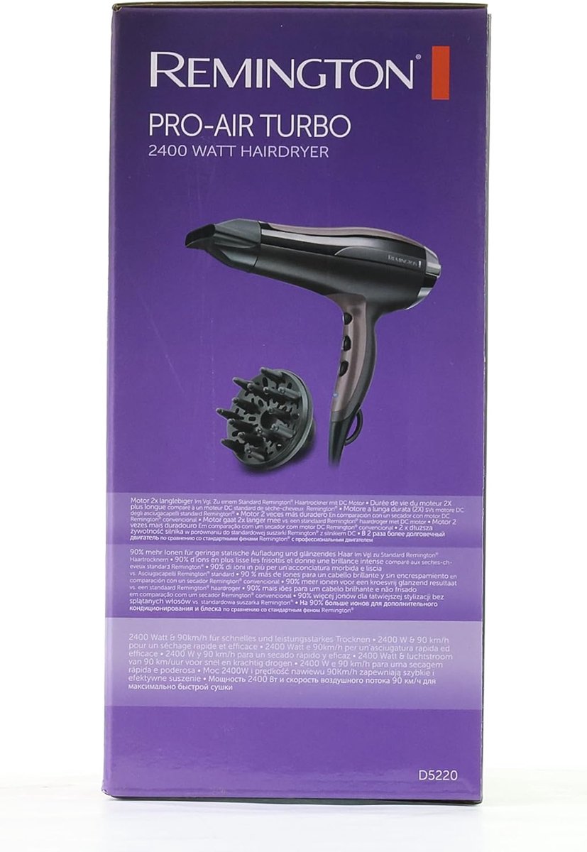 Föhn - Pro air turbo - Ionengenerator technologie - 2400W - 90km per uur blaaskracht - Met Diffuser - Keramiek - 3 warmtestanden - 2 snelheden - Voor pluiziger haar - Zilver -