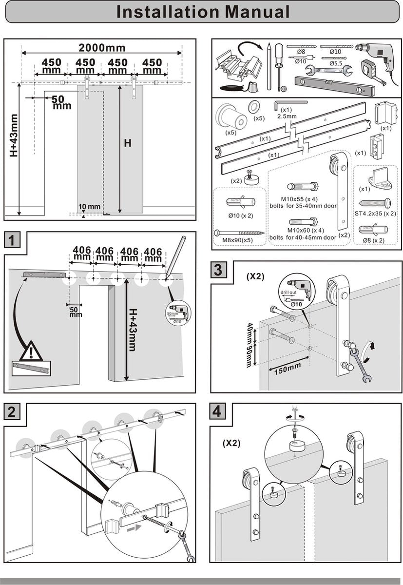 Barnwoodweb Schuifdeursysteem Recht - Complete set - 245 cm rail (in 3 delen) - Zwart