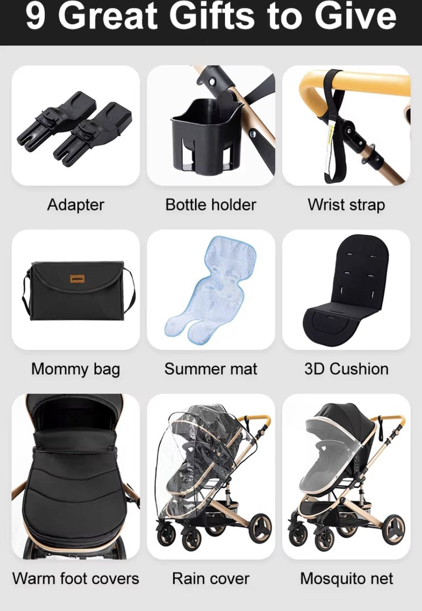 J&R Kinderwagen 3 in 1 - Kinderwagen - Wieg - Buggy - Autostoel - Opvouwbaar - Aluminium frame - Zwart - Goud