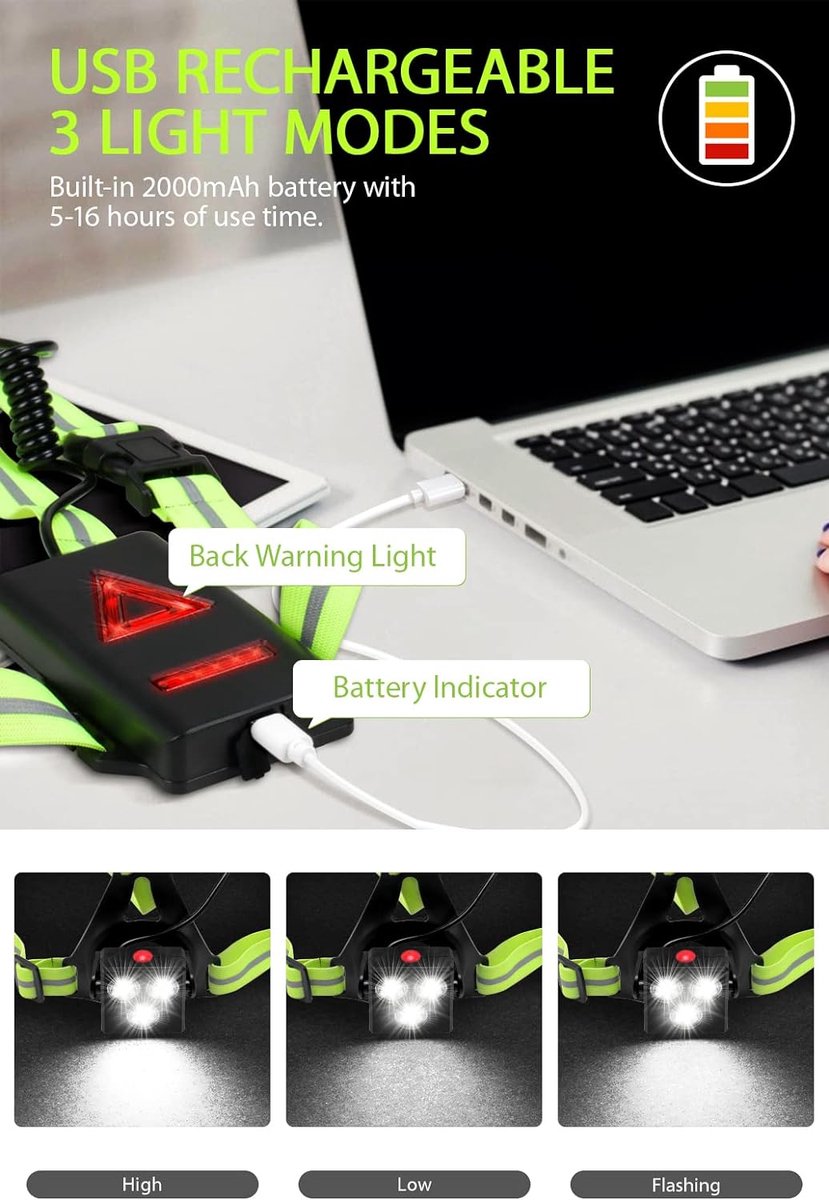 Running lights - Chest lamp - Chest lamp running - Chest lamp walker - USB rechargeable - Running vest - IP65 waterproof