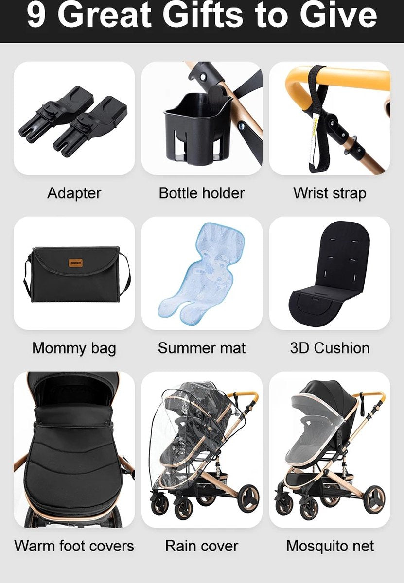 ByLoesje® Kinderwagen 3 In 1 Luxe Draagbare Kinderwagen - Zwart - Verstelbaar - Opvouwbaar - Adapters - Regenhoes - Bekerhouder - Muggennet - Luiertas - Zomermat