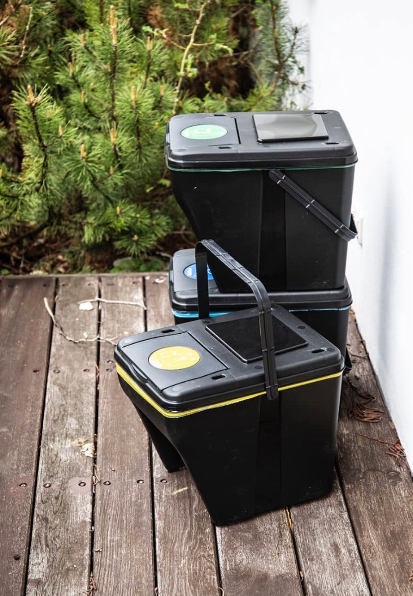 Afvalscheidingssysteem met 4 vakken van 100 l - 4 x 25 l groen, afvalscheider met 5 stickers, gekleurde afvalscheider voor biologisch afval, papier en glas, afvalscheidingssysteem voor in de keuken