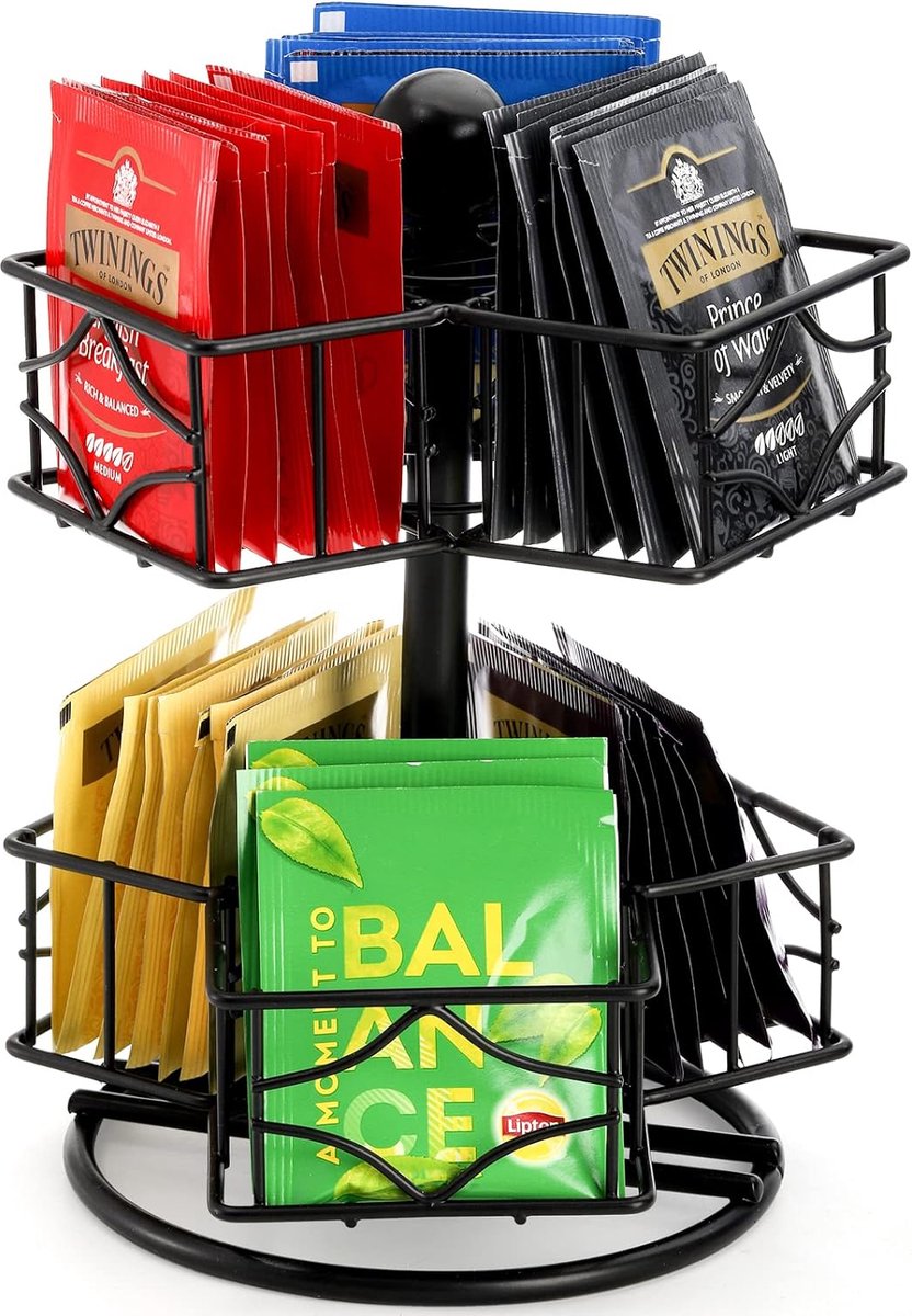 Theezakjes organizer, 360 graden draaiende theezakjes carrousel organizer met 6 compartimenten, Lazy Susan suiker koffie creamer caddy voor keuken, kast organizer, tot 60 theezakjes opslag.