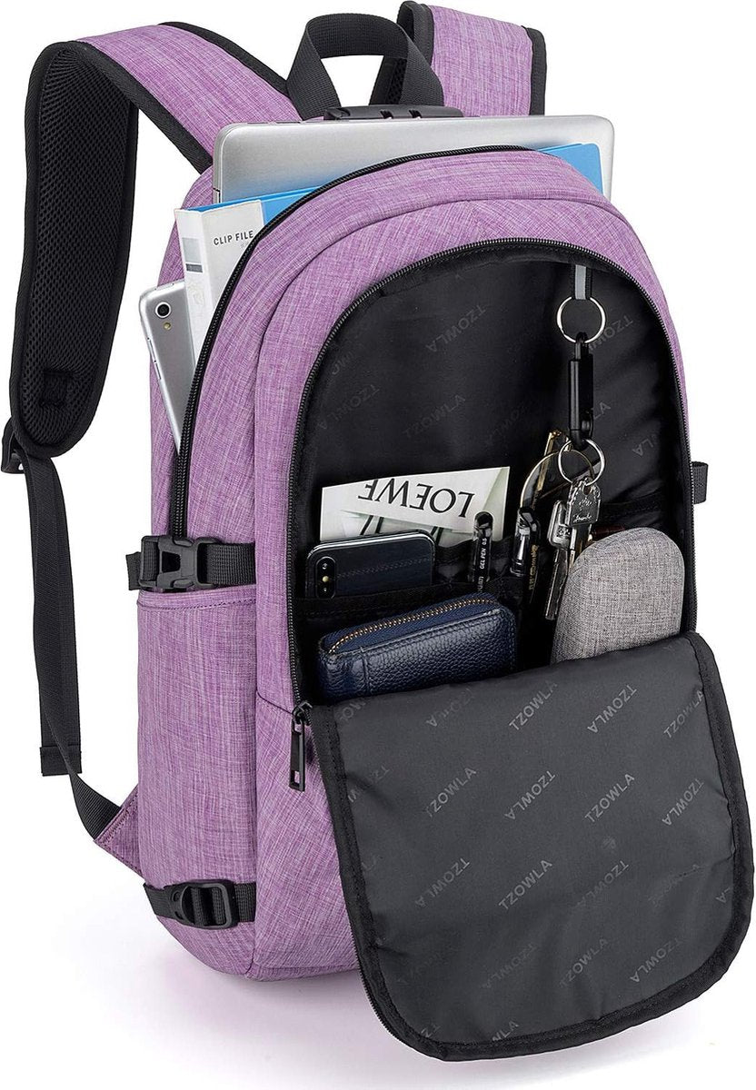 Rugzak - 34 Liter - USB Oplaadpoort en Slot - 14/15,10 Inch Laptoptas - Waterdichte Antidiefstalrugzak - Paars
