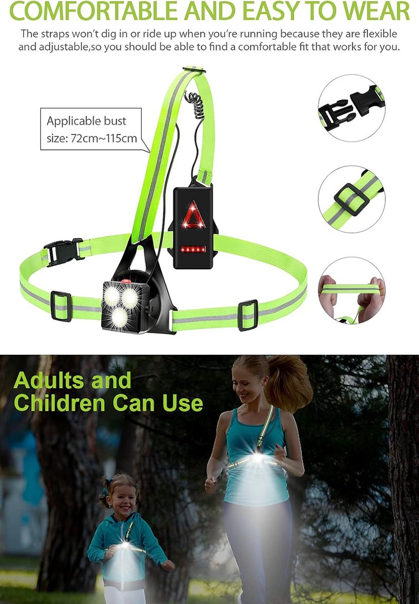 Running lights - Chest lamp - Chest lamp running - Chest lamp walker - USB rechargeable - Running vest - IP65 waterproof