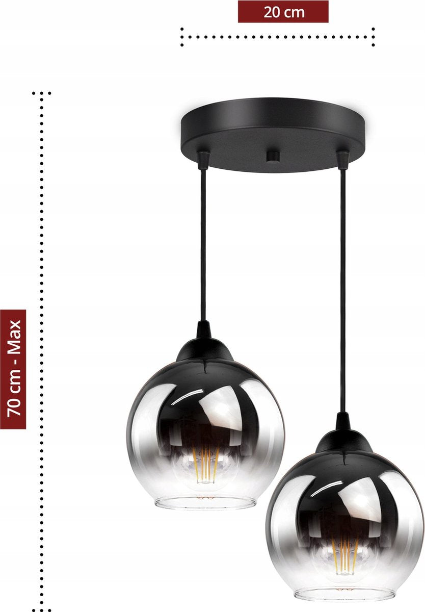Industrial Hanging Lamp for Living Room, Dining Room - Smoking Glass - 2-Lights - Smoke Glass - 2 spheres - Smoked Glass