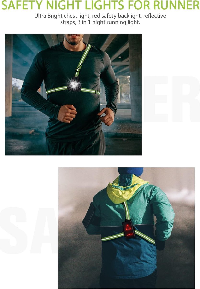 Running lights - Chest lamp - Chest lamp running - Chest lamp walker - USB rechargeable - Running vest - IP65 waterproof