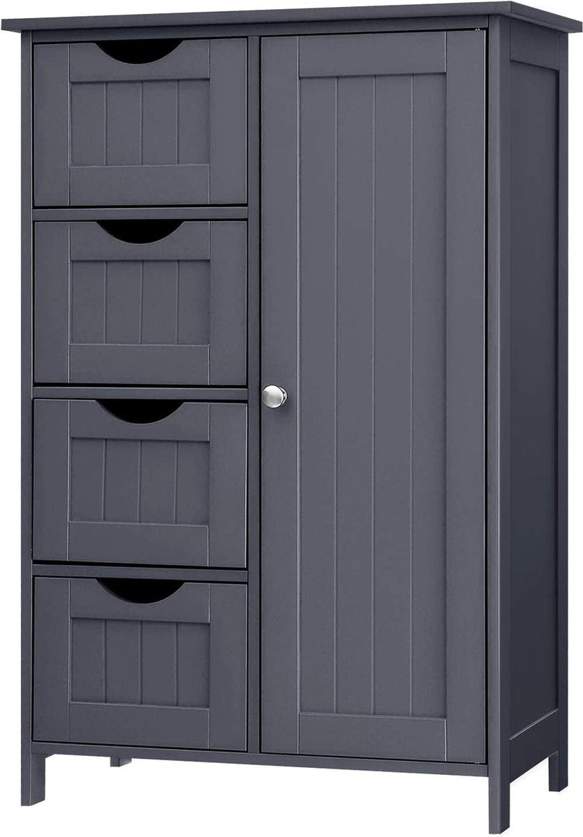 Dressoir badkamerkast, houten badkamerkast, commode met 4 lades, kastdeur, verstelbare plank, voor woonkamer, keuken, hal, diep, vrijstaand, grijs LHC41GY