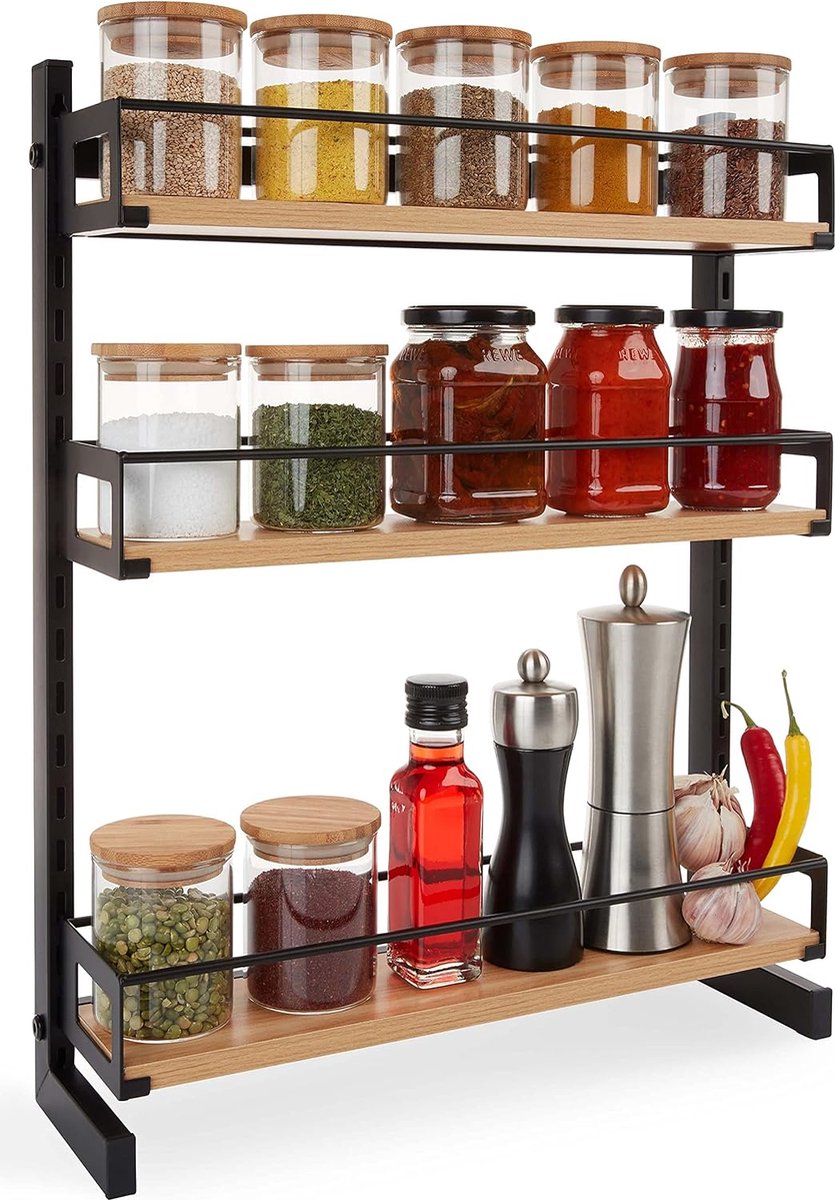 Wooden and metal spice rack [3 levels adjustable in height] Standing on the countertop Hanging on the wall Kitchen rack Spice rack Spice storage (Black)