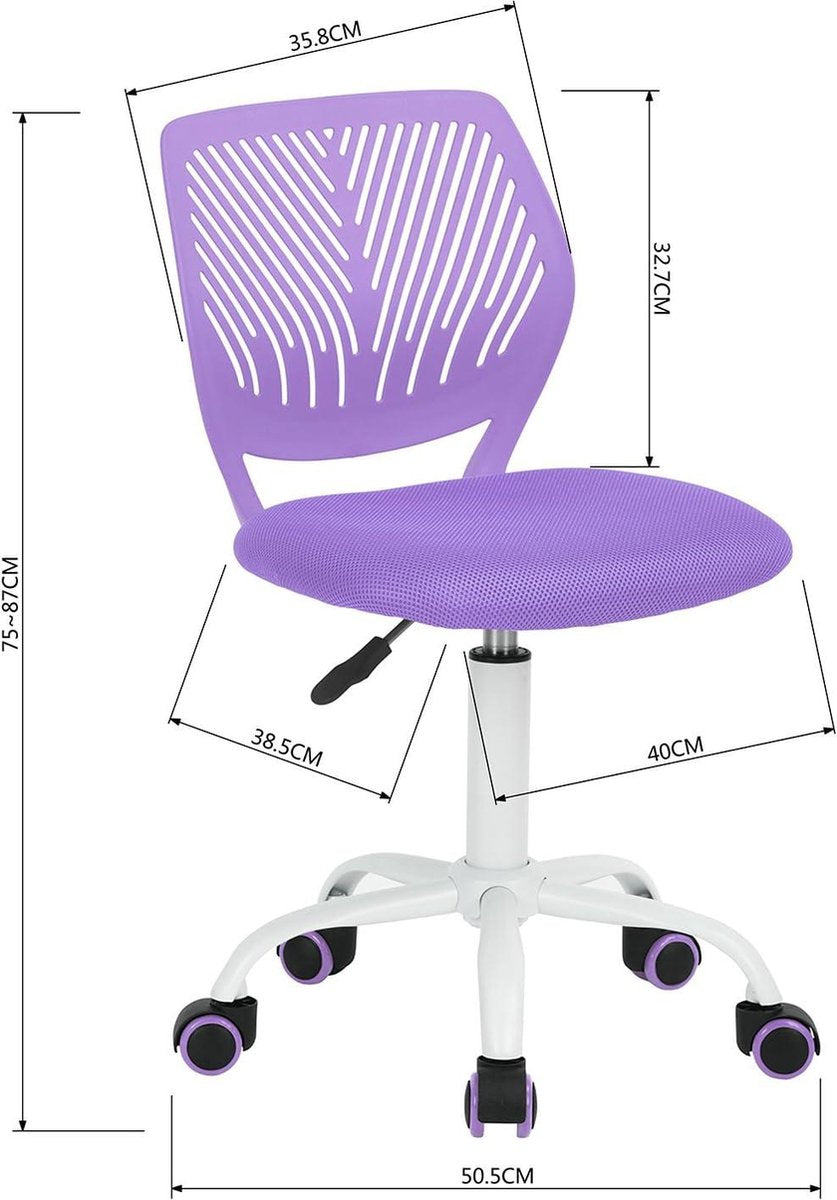 Verstelbare paarse armloze design computerstoel - kinderstudie - thuis- en kantoorstoel - 385 cm x 40 cm x 75-87 cm