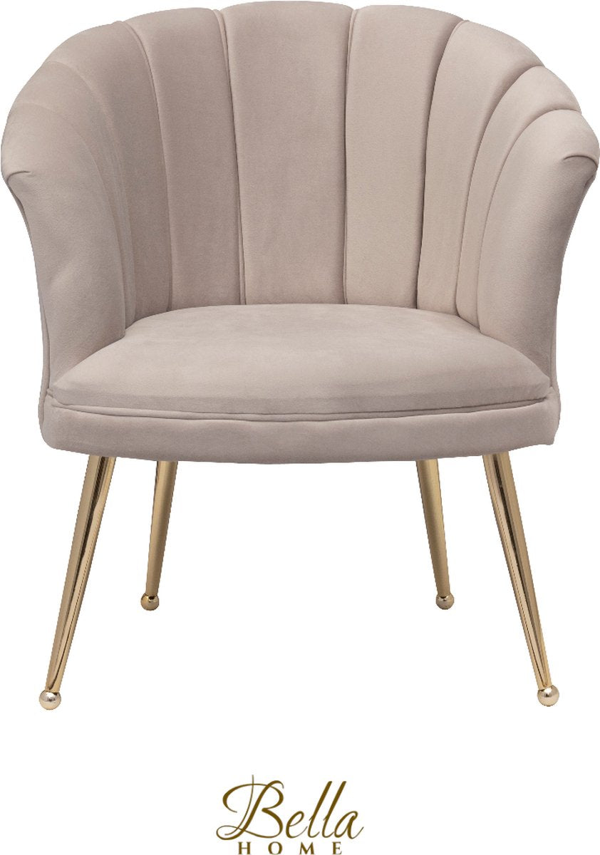 Bella Home Mila - Fauteuil - Velvet - Schelp - Crème met gouden poten