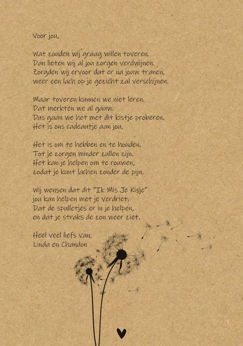 Ik Mis Je Kisje - Cadeautje voor een kind dat een dierbare heeft verloren. Vol mooie en lieve cadeautjes die helpen bij verlies en het verwerkingsproces. Met extra ruimte voor eigen bewaarspulletjes. Speciaal ontwikkeld voor kinderen in rouw.