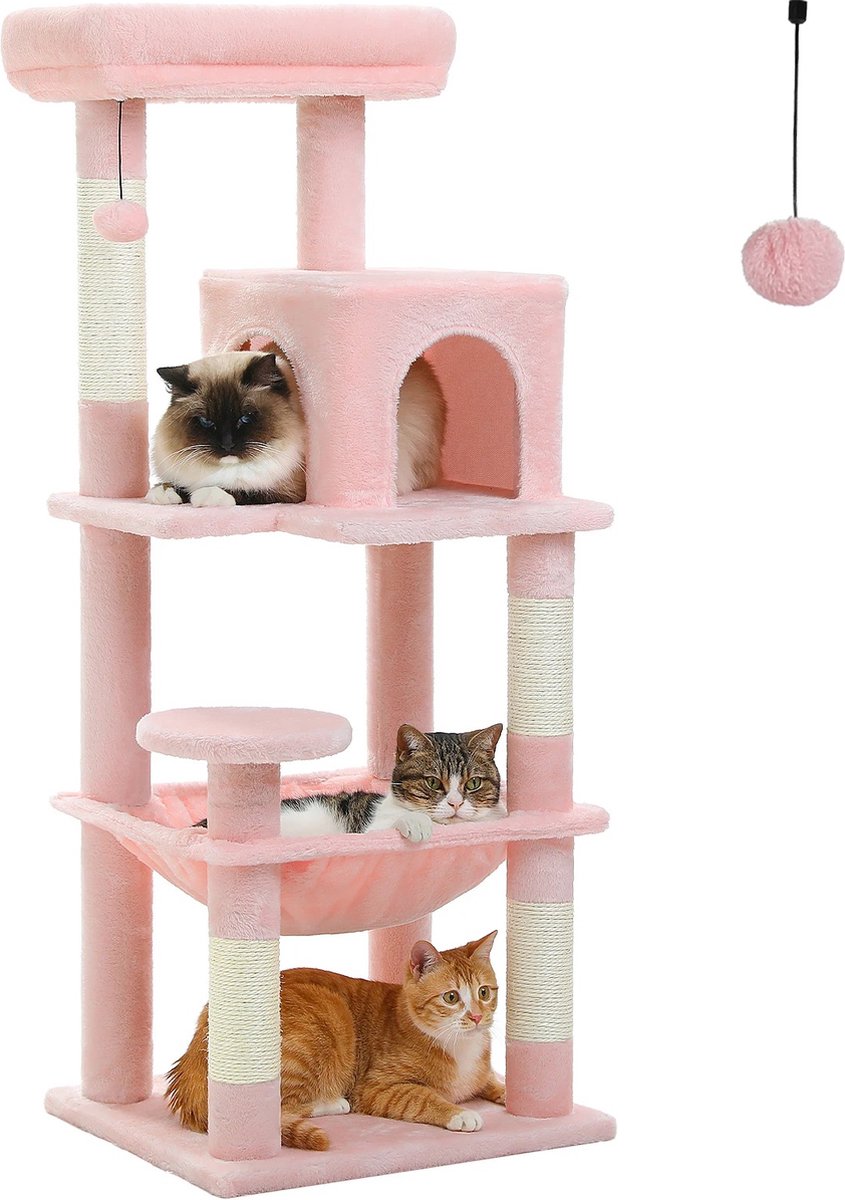 Luxe Krabpaal 116 cm hoog - middelgrote katten klimboom - Met 4 ligvlakken en holten - Met Hangmat - Comfortabel - zacht en stabiel - Roze